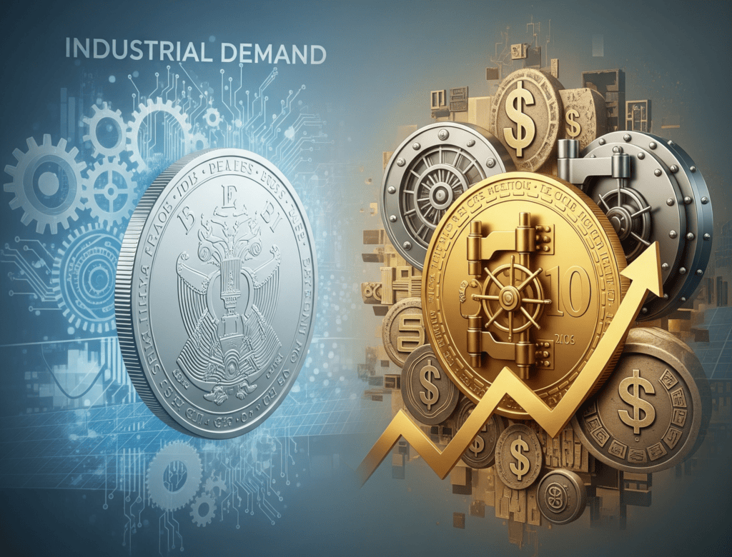 A silver coin with subtle industrial elements like gears and circuit board patterns in its background, contrasted with a gold coin surrounded by symbols of wealth and steady growth, representing their distinct investment roles.