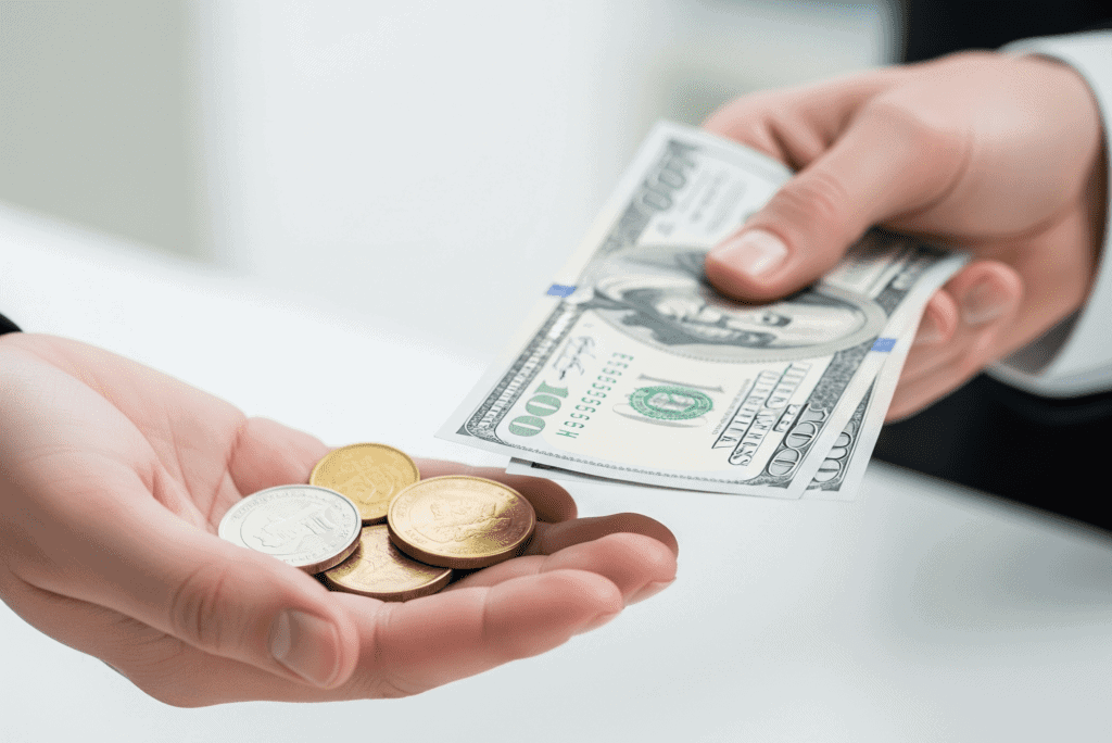 One hand holding gold and silver coins being exchanged for paper currency held by another hand, suggesting a financial transaction.