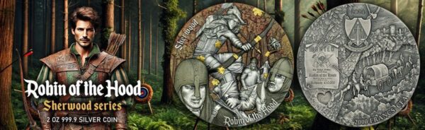 2024 Cameroon Sherwood Robin of the Hood 2 oz Silver High Relief Coin featuring an intricately sculpted Robin Hood figure with bow and arrow in a forest scene