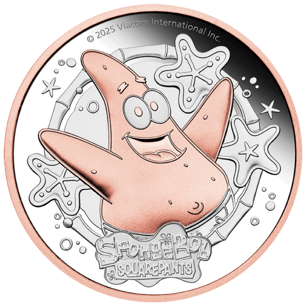 2025 Patrick Star 2oz Silver Rose Gold Gilded Coin featuring Patrick Star surrounded by stars and decorative elements.