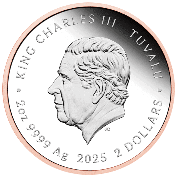 Obverse of the 2025 Patrick Star 2oz Silver Rose Gold Gilded Coin featuring King Charles III, Tuvalu inscription, and rose gold gilded edge.