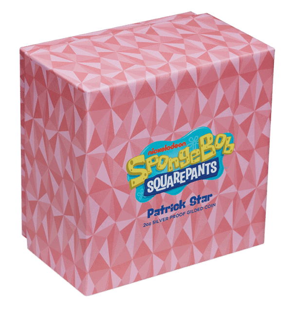 Pink shipper box with geometric pattern labeled “SpongeBob SquarePants Patrick Star” and “2025 2oz Silver Rose Gold Gilded Coin.