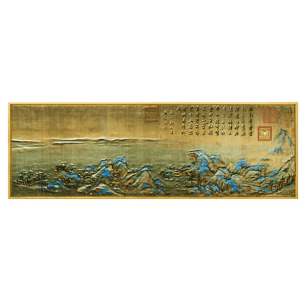 Reverse side of the 2024 Chad “A Thousand Li of Rivers and Mountains” rectangular coin featuring panoramic Chinese landscape with blue-toned mountains, rivers, and human figures; intricate classical scroll composition rendered in high-relief colorized style.