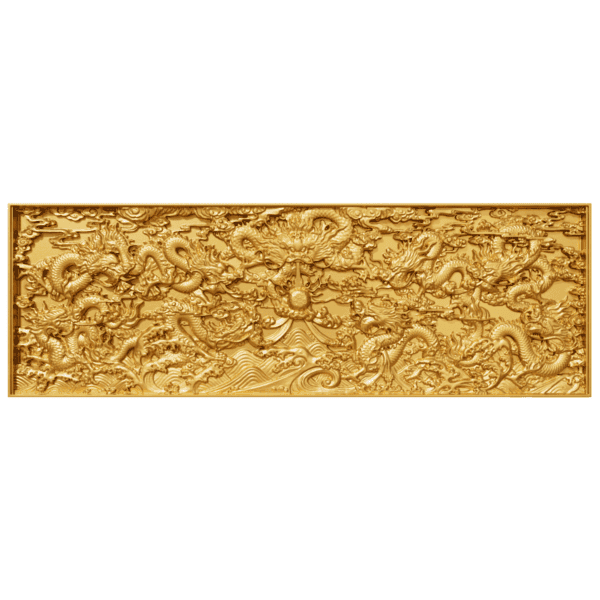 Front view of the 2024 Chad “A Thousand Li of Rivers and Mountains” rectangular coin featuring detailed golden-toned landscape based on classical Chinese painting; intricate mountain, river, and structure motifs rendered in antiqued and colorized relief on precious metal fusion surface.