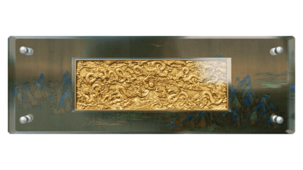 Front display of the 2024 Chad “A Thousand Li of Rivers and Mountains” Coin featuring transparent case with golden-toned coin secured inside; case includes screws at corners and visible GR Reserve and product specifications label at bottom.