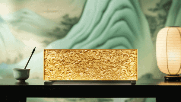 Collector display of the 2024 Chad “A Thousand Li of Rivers and Mountains” Coin on clear stand with spotlight lamp and painted backdrop of stylized green-blue mountains and rivers; coin features golden-hued relief landscape in rectangular format.