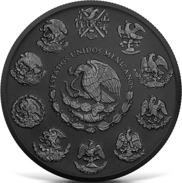 Reverse of the 2024 Mexico Libertad Black Platinum Ruthenium 1 oz Silver Colorized Coin featuring Mexico’s national coat of arms with a central eagle clutching a snake while perched on a cactus, surrounded by multiple historical emblem variants; rendered over a deep black ruthenium-plated background.