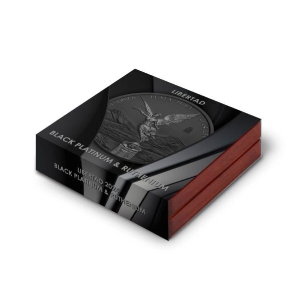 Premium retail box for the 2024 Mexico Libertad Black Platinum Ruthenium 1 oz Silver Colorized Coin; features black outer casing with red base and a top image of the coin’s obverse design showing Winged Victory with metallic relief over a dark background