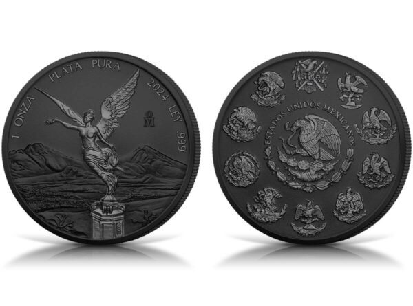 Side-by-side image showing both obverse and reverse of the 2024 Mexico Libertad Black Platinum Ruthenium 1 oz Silver Colorized Coin; obverse features Winged Victory atop a column with volcanic peaks, reverse displays Mexico’s national coat of arms with an eagle clutching a snake surrounded by historical emblems; both sides rendered in deep black platinum with ruthenium plating.
