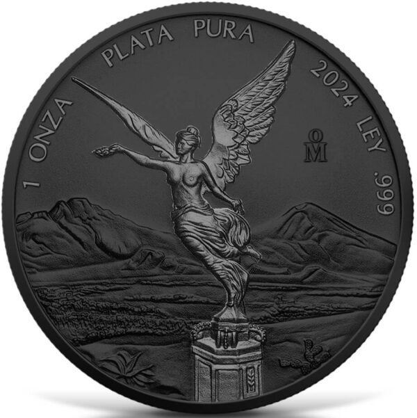 Obverse of the 2024 Mexico Libertad Black Platinum Ruthenium 1 oz Silver Colorized Coin featuring Winged Victory atop a column with volcanic peaks in the background; coin text includes “1 ONZA PLATA PURA,” “2024,” and “LEY .999” against a dark ruthenium-plated surface.