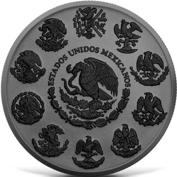 Reverse close-up of the 2024 Mexico Libertad Ruthenium Black Platinum 1 oz Silver Colorized Coin featuring Mexico’s national coat of arms with eagle, serpent, cactus, and surrounding historic emblem motifs rendered in silver against a dark ruthenium background.
