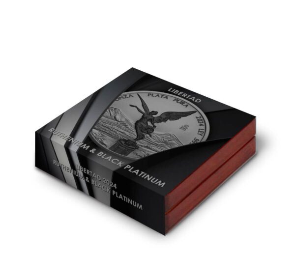 Retail box for the 2024 Mexico Libertad Ruthenium Black Platinum 1 oz Silver Colorized Coin featuring a black top lid with the coin’s obverse artwork showing Winged Victory atop a column; bold red base complements the box structure.