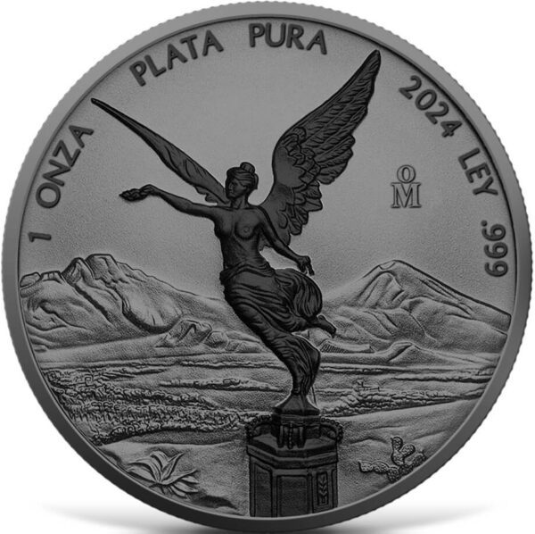 Obverse of the 2024 Mexico Libertad Ruthenium Black Platinum 1 oz Silver Colorized Coin featuring Winged Victory on column with Mexican volcanoes behind; dark ruthenium surface enhances “1 ONZA PLATA PURA,” “2024,” and “LEY .999” inscriptions.