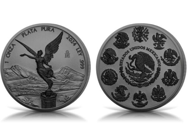 Front-and-back composite of the 2024 Mexico Libertad Ruthenium Black Platinum 1 oz Silver Colorized Coin; obverse shows Winged Victory atop a column with volcanoes in the background, labeled “1 ONZA PLATA PURA,” “2024,” “LEY .999”; reverse displays Mexico’s national coat of arms with eagle and snake surrounded by historical emblems—all rendered in silver relief against matte black ruthenium plating.