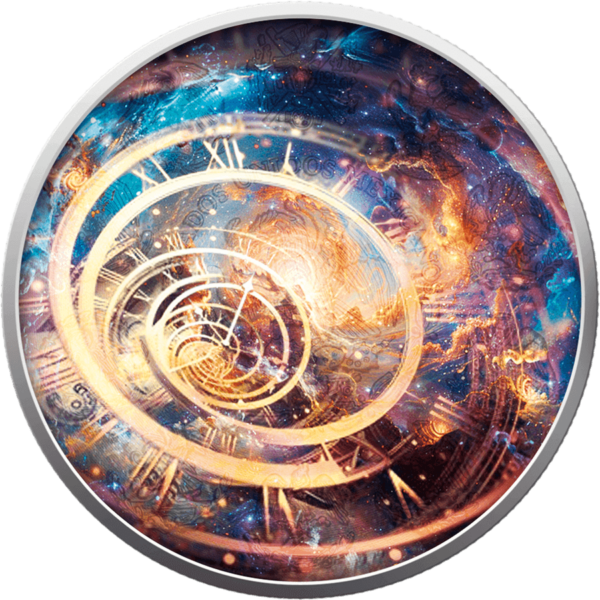 Reverse view of the 2024 Mexico Libertad Time Travel 1 oz Silver Colorized Metallic Coin showing a winged timepiece design with retro-futuristic detailing; radiant silver finish enhanced by subtle mechanical motifs and celestial elements across the surface.