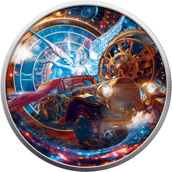 Obverse design of the 2024 Mexico Libertad Time Travel 1 oz Silver Colorized Coin featuring a reimagined Libertad in steampunk attire, posed in front of stylized architecture and gearwork elements with retro-futuristic vehicles and celestial motifs in the background.