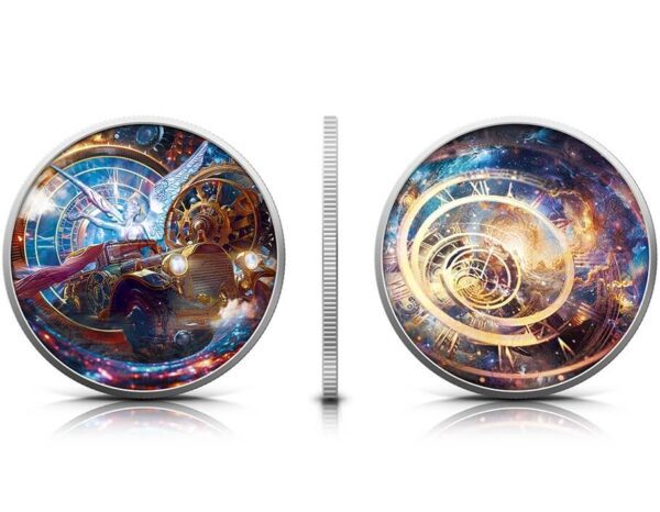 Dual-sided image of the 2024 Mexico Libertad Time Travel 1 oz Silver Colorized Metallic Coin; obverse features a futuristic Libertad figure with steampunk-inspired gearwork and cosmic details, while the reverse shows a winged timepiece with stylized elements over a radiant silver background.