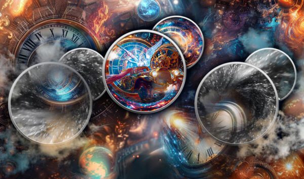 Illustrative display featuring the 2024 Mexico Libertad Time Travel 1 oz Silver Colorized Coin, centered against a vivid cosmic backdrop with planets, nebulas, and stardust; the coin design includes a futuristic Libertad figure layered with mechanical and galactic elements.
