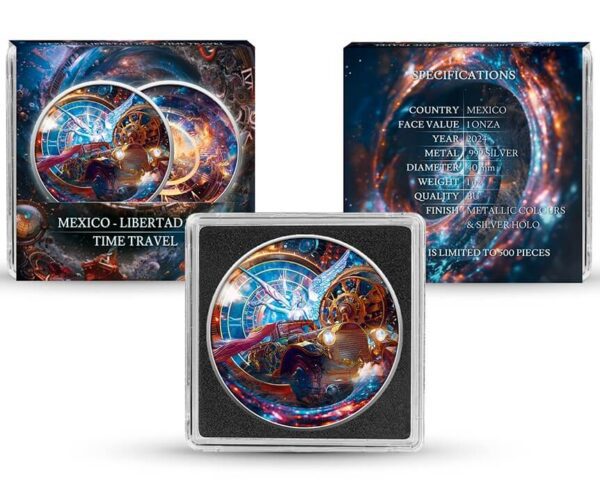 Composite image of the 2024 Mexico Libertad Time Travel 1 oz Silver Colorized Metallic Coin with full packaging set; includes three segments showing the front design, reverse design, and the coin housed in its retail case with vivid mechanical and cosmic motifs.