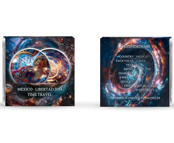 Front and back views of the 2024 Mexico Libertad Time Travel 1 oz Silver Colorized Metallic Coin packaging; the front features a swirling vortex design with mechanical and historical motifs in metallic hues, while the back includes the “Mexico Libertad Time Travel” text with complementary cosmic patterns.