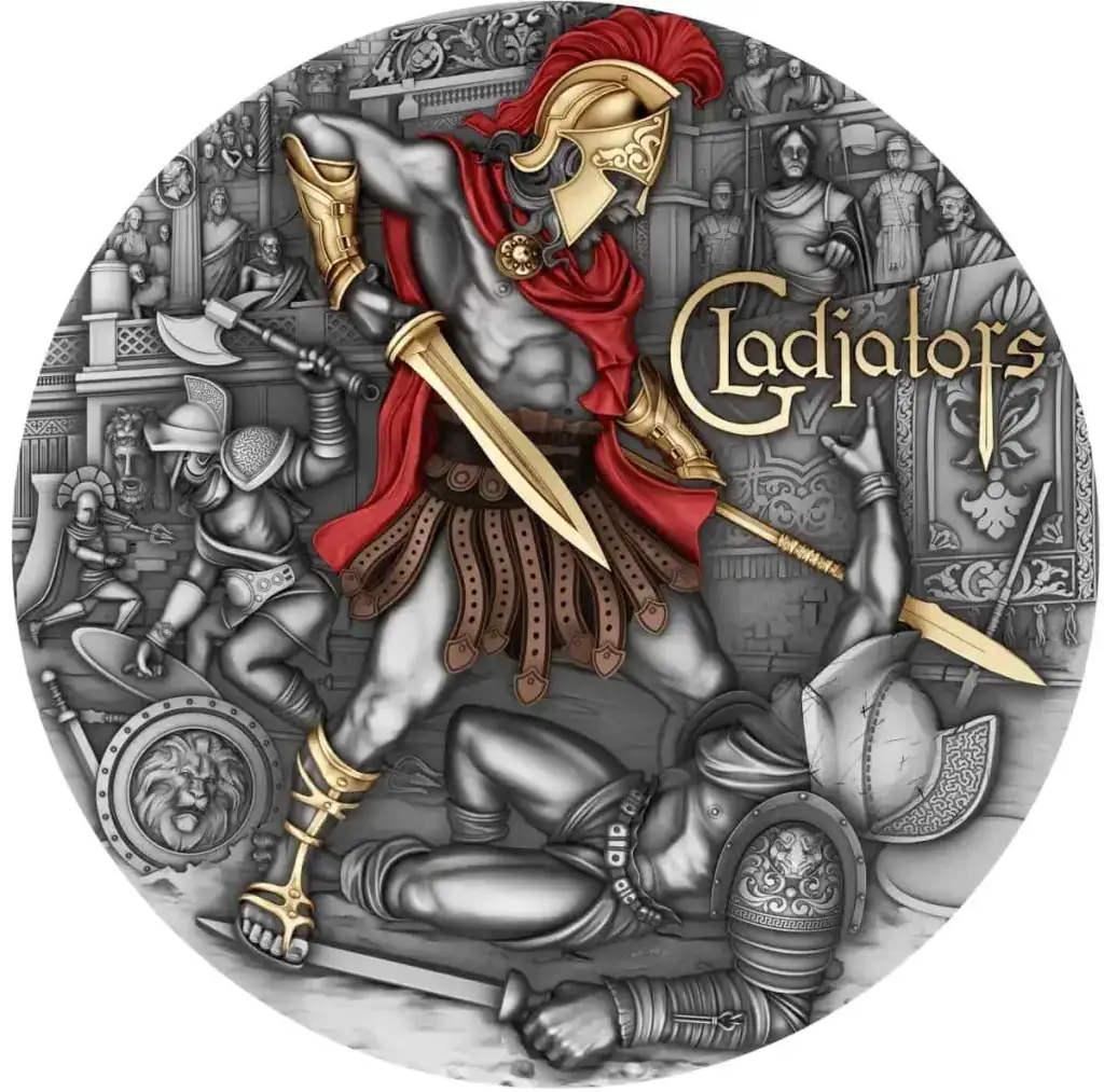 A close-up of a highly detailed, antiqued silver coin featuring a colorized depiction of a Roman gladiator in battle attire, holding a sword and shield, surrounded by various ancient weaponry and a chariot. The coin has a high-relief design.