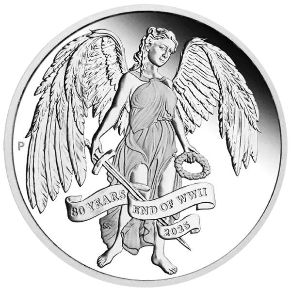 Front of 2025 Australia 80th Anniversary End of WWII Winged Victory 1 oz Silver Proof Coin