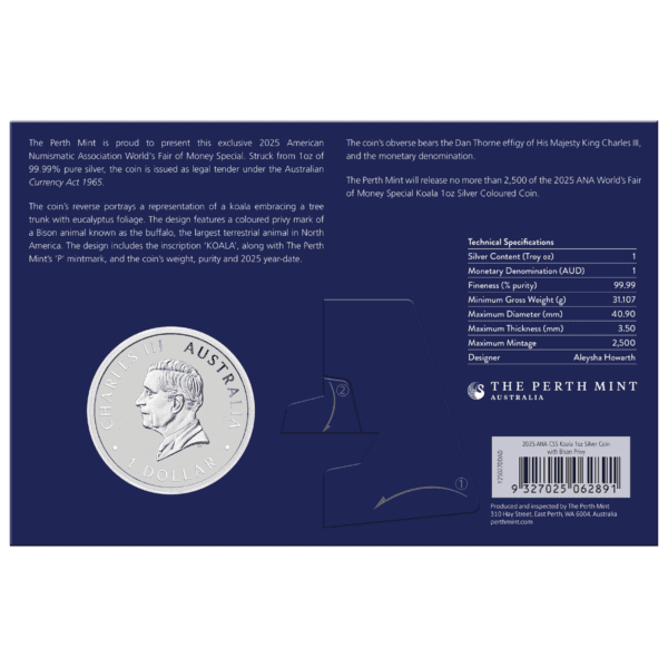 Back of display card for 2025 Australia ANA Show Special Koala 1oz Silver Colorized Coin with Bison privy, showing coin specifications, barcode, and authenticity details.
