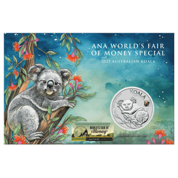 Front card of 2025 Australia ANA Show Special Koala 1oz Silver Colorized Coin featuring a koala in eucalyptus tree with red blossoms and silver coin inset.