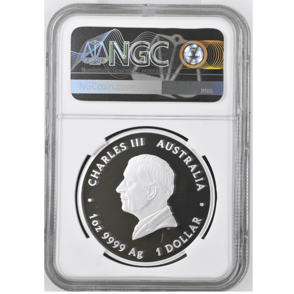 "Reverse side of the 2025 Australian End of WWII Winged Victory 1 troy ounce silver coin, graded NGC PF-69 Ultra Cameo, displaying the effigy of King Charles III and coin specifications.