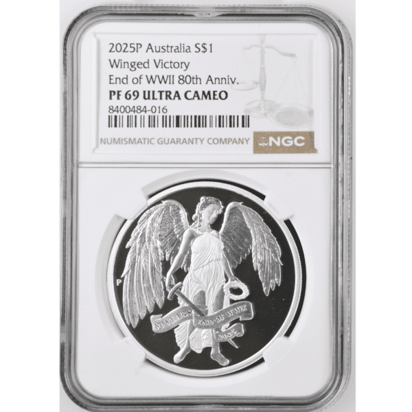 Obverse of the 2025 Australian End of WWII Winged Victory 1 troy ounce silver coin, graded NGC PF-69 Ultra Cameo, showing the Winged Victory design commemorating 80th anniversary.