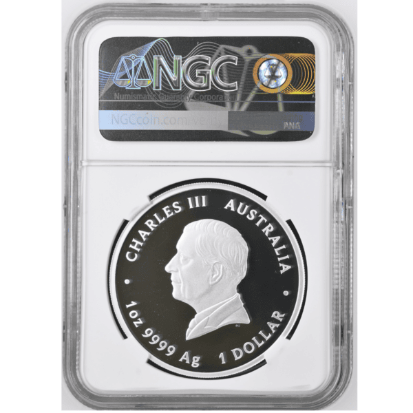 Back of 2025 Australia End of WWII Winged Victory 1 oz Silver Coin, NGC PF-70 Ultra Cameo, featuring King Charles III