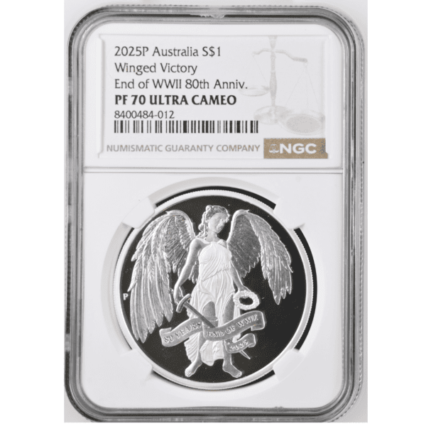 Front of 2025 Australia End of WWII Winged Victory 1 oz Silver Coin, NGC PF-70 Ultra Cameo