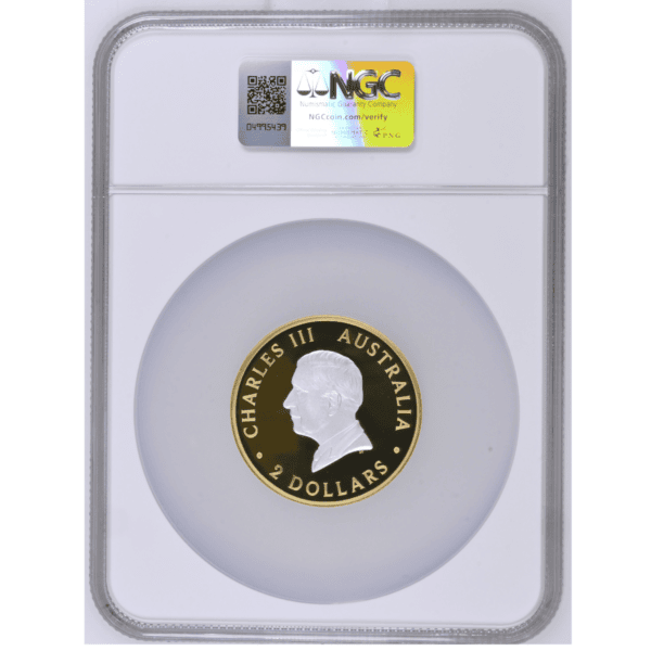 Back of 2025 Australian Kangaroo 2oz Gilded Silver Coin NGC Certified PF70 Ultra Cameo King Charles III Portrait