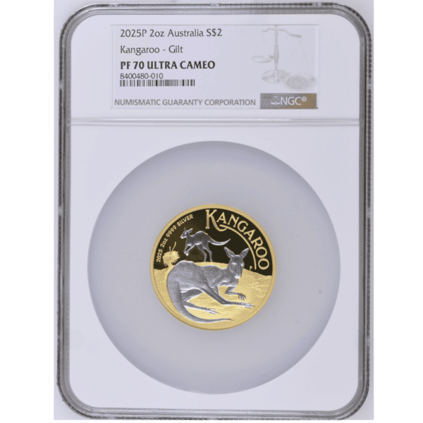 2025 Australia Kangaroo 2 oz Silver Reverse Gilded Coin NGC PF 70 UCAM Front Gilded Design