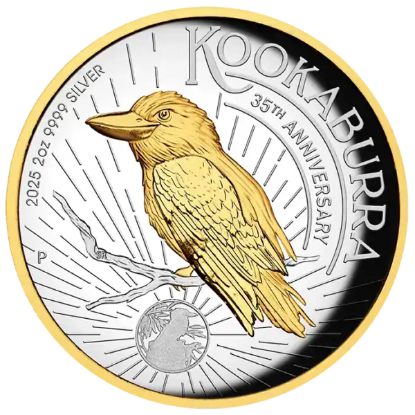 2025 Australia Kookaburra 2 oz Silver High Relief Gilded Proof Coin front side kookaburra bird design 35th Anniversary