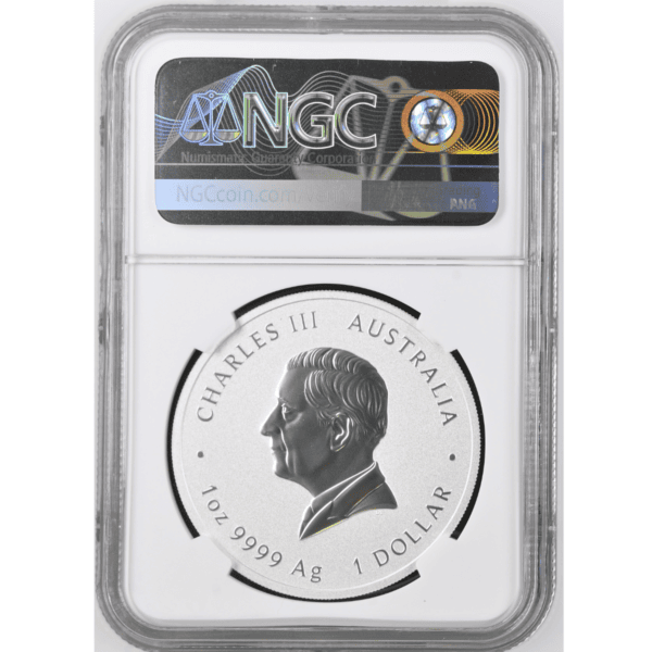 Back of 2025 Australia Lunar Series III Year of the Snake 1 oz Silver Colorized Coin, NGC MS-70, featuring King Charles III