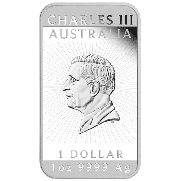 Reverse of the 2025 Australia Perth Dragon 1oz Silver Proof Rectangular Coin featuring inscriptions for Charles III, Australia, 1 Dollar, 1oz 9999 Ag, and the year 2025.