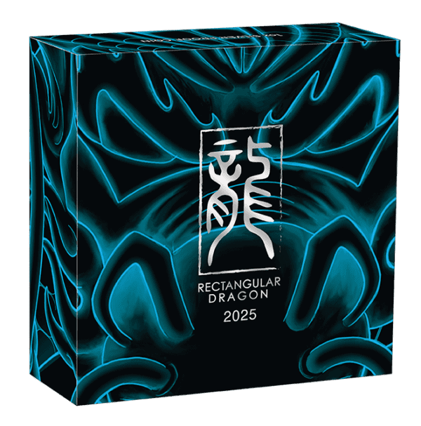 Outer box for the 2025 Australia Perth Dragon 1oz Silver Proof Rectangular Coin featuring a stylized dragon design with blue wave patterns and “RECTANGULAR DRAGON 2025.