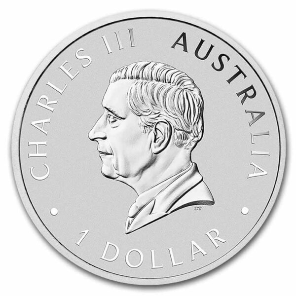 Reverse view of the 2025 Australia Swan 1 oz Silver BU Coin in capsule, showing the effigy of King Charles III with the inscriptions “CHARLES III • AUSTRALIA” at the top and “1 DOLLAR” at the bottom, all framed in a brilliant uncirculated silver field.