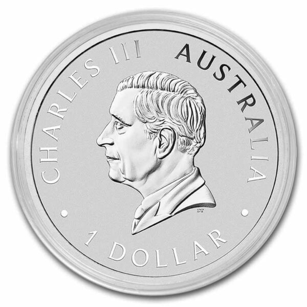 Obverse of the 2025 Australia Swan 1 oz Silver BU Coin sealed in capsule; features the effigy of King Charles III facing right, surrounded by inscriptions “CHARLES III • AUSTRALIA • 1 DOLLAR” on a brilliant uncirculated silver field.