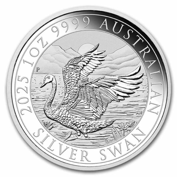 Reverse of the 2025 Australia Swan 1 oz Silver BU Coin showing a flying swan with wings fully extended above rippling water; inscriptions read “2025 1oz 9999 AUSTRALIAN SILVER SWAN” in a polished arc around the rim.
