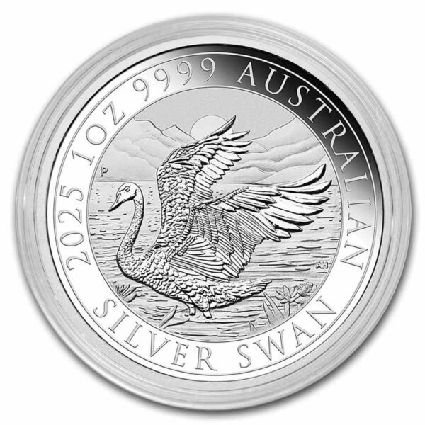 Obverse view of the 2025 Australia Swan 1 oz Silver BU Coin sealed in capsule, featuring a flying swan with wings outstretched above rippling water, framed by the inscription “2025 1 OZ 9999 AUSTRALIAN SILVER SWAN” on a brilliant uncirculated finish.