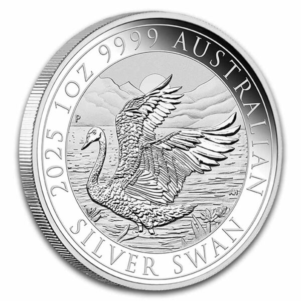 Dual-view image of the 2025 Australia Swan 1 oz Silver BU Coin in capsule; left shows the obverse with King Charles III’s effigy and inscriptions “CHARLES III • AUSTRALIA • 1 DOLLAR”; right shows the reverse featuring a flying swan above rippling water with the inscription “2025 1 OZ 9999 AUSTRALIAN SILVER SWAN".
