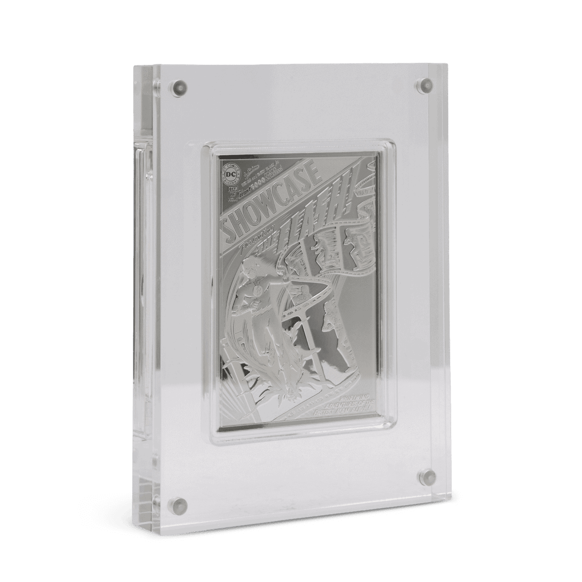 Shiny transparent coin case with engraved design and text, protecting collectible coin or mint set.