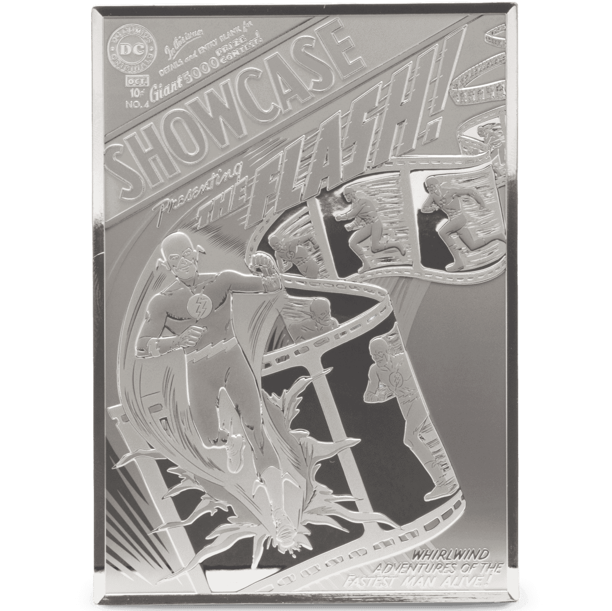 2025 DC Comics 90th Anniversary 3oz Silver Proof Coin featuring embossed “SHOWCASE” comic cover design with Silver Age superhero in action pose.