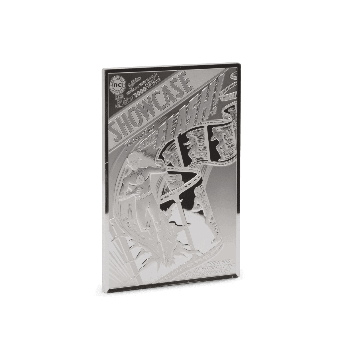 GWTG-002, silver metal collectible coin featuring a film strip design with "Showcase presenting the Flash" text and comic book imagery, displayed against a black background.