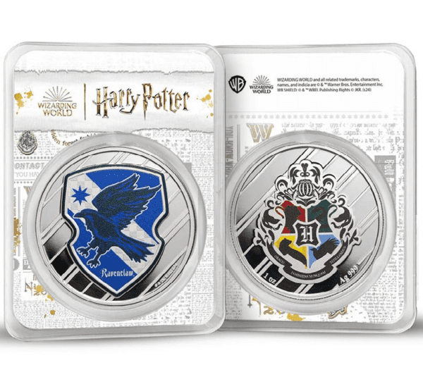 Front-facing view of two 2025 Harry Potter 1 oz Silver Colorized Coins in tamper-evident packaging—left features Ravenclaw crest with blue raven emblem and star-studded accents on a silver-and-blue background; right shows Hogwarts crest with all four house animals and an ornate “H” centerpiece; both sealed in clear plastic with Harry Potter branding at the top.