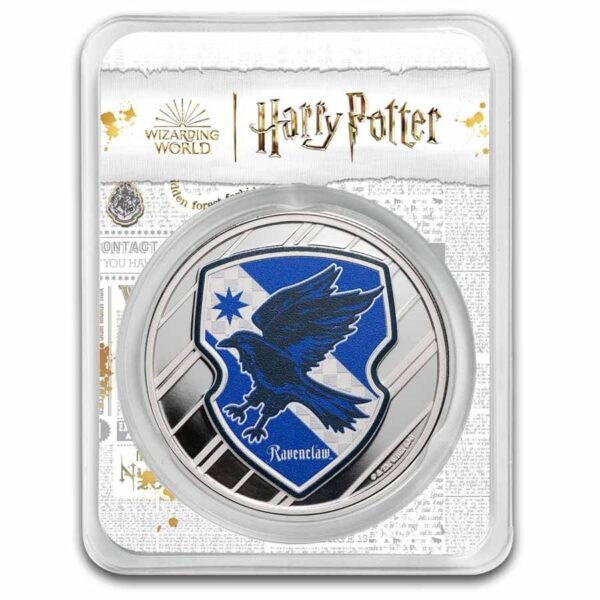 Front-facing view of the 2025 Harry Potter Ravenclaw 1 oz Silver Colorized Coin sealed in GR Reserve packaging, displaying the blue Ravenclaw crest with soaring eagle and starry silver accents on a proof background; Harry Potter logo and product border details frame the presentation.