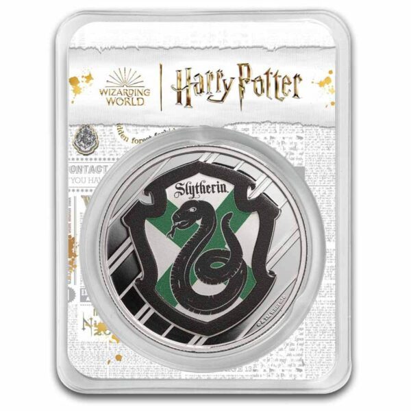 Front view of the 2025 Harry Potter Slytherin 1 oz Silver Colorized Coin in tamper-evident packaging, showing a silver serpent crest over a green-and-black field with official Harry Potter branding above; sealed in a clear plastic holder.