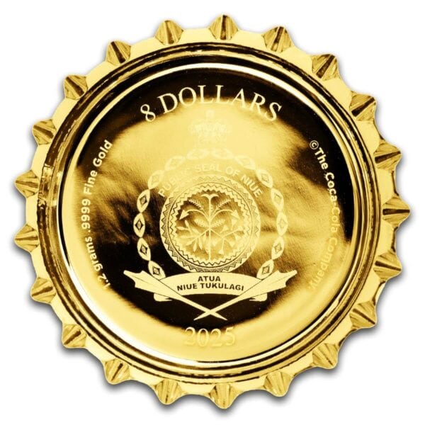 Reverse view of the 2025 Niue Coca-Cola Bottle Cap 1.2 Gram Gold Shaped Coin showing sculpted coat of arms of Niue at center; “5 DOLLARS” at top, “NIUE ISLAND” at bottom, and “2025” date with gold weight inscribed.